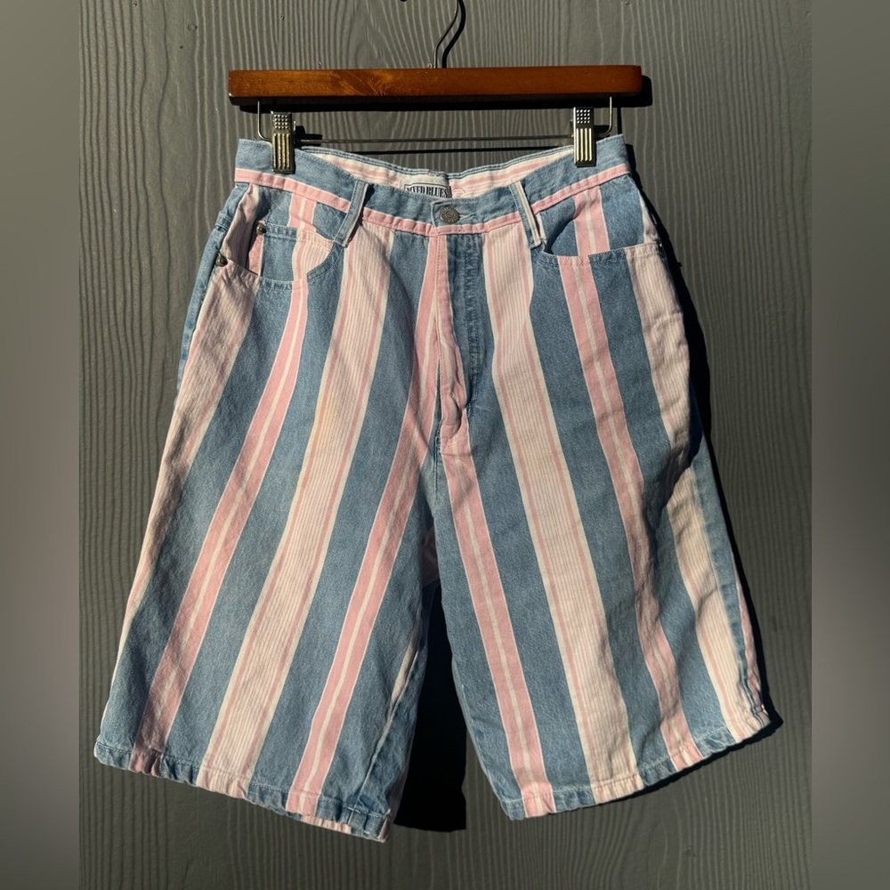 Vintage 90s Mixed Blues Pink & Blue Striped Long Shorts Size 9
